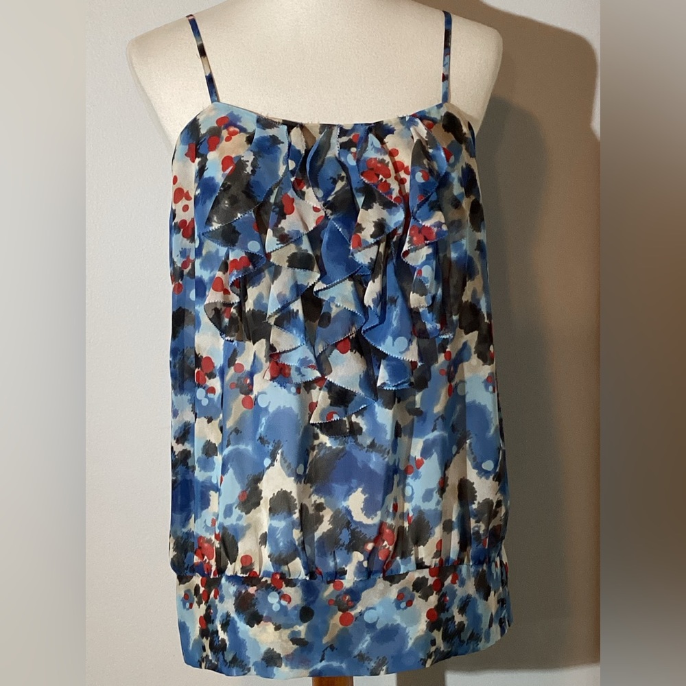 kensie pretty blouson blouse, ruffle front, adj. spaghetti straps, side zip, Med
